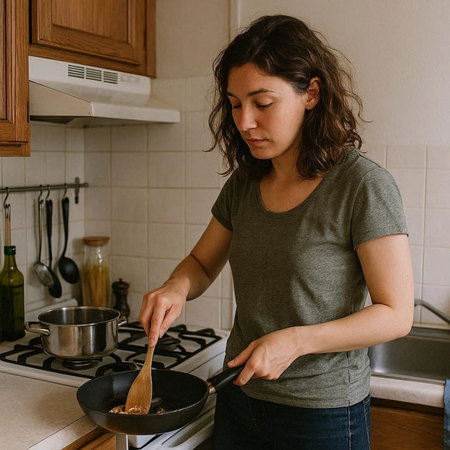Young woman cooking in the kitchen at home. Healthy eating concept.の写真素材
