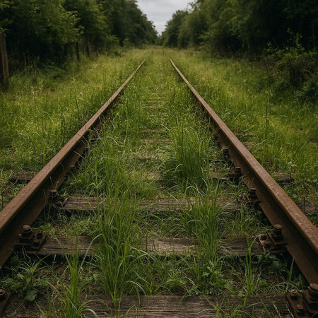 Railway tracks in the forest on a sunny day. Perspective view.の写真素材