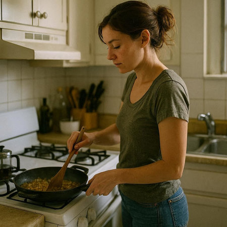 Young woman cooking in the kitchen at home. Healthy food concept.の写真素材