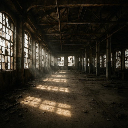Abandoned factory interior with sunlight and shadows. 3d renderingの写真素材