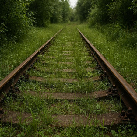 Railway in the forest. The rails go into the distance.