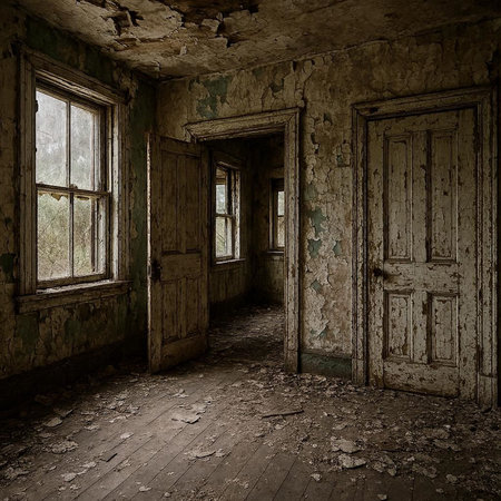 Abandoned corridor with old windows and doors. 3d renderingの写真素材