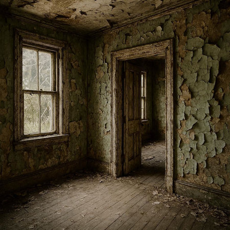 Old abandoned room with broken windows and wooden floor. 3d renderの写真素材