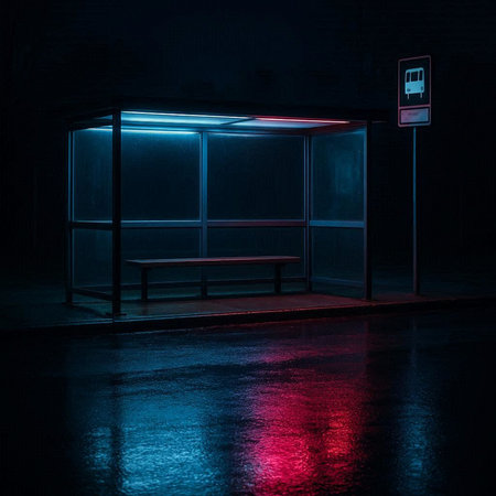 3d rendering of a bus stop with neon lights in the darkの写真素材