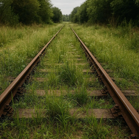 Railway tracks in the green meadow. Landscape with railway.の写真素材