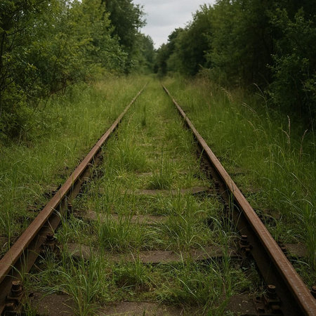 Railway tracks in the forest. Travel and transportation concept background.