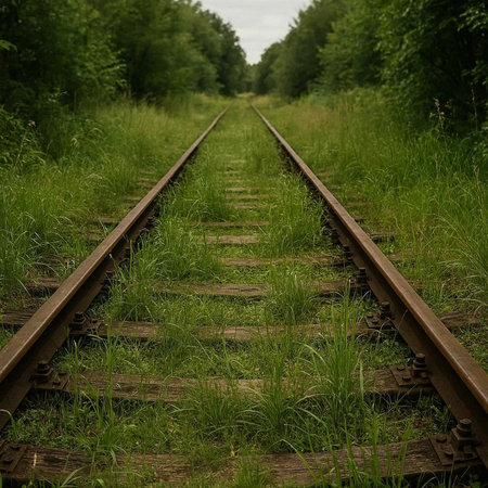 Railway tracks in green grass. Railroad tracks in the forest.の写真素材