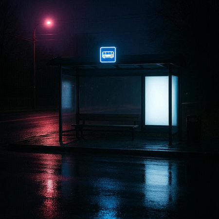 Bus stop at night with lanterns in the background. Conceptual image.の写真素材