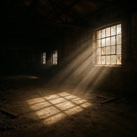 Abandoned industrial interior with window and rays of light coming through the window