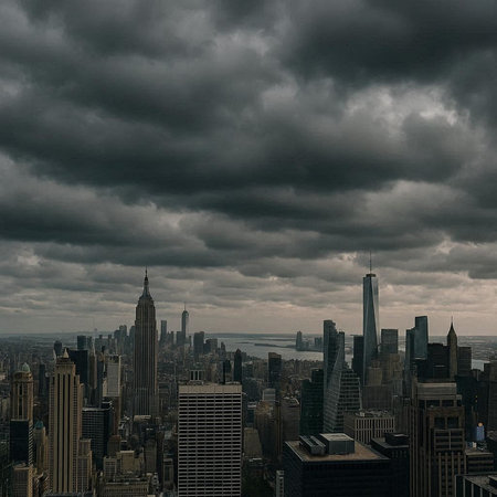 Aerial view of New York City with skyscrapers and cloudy sky.
