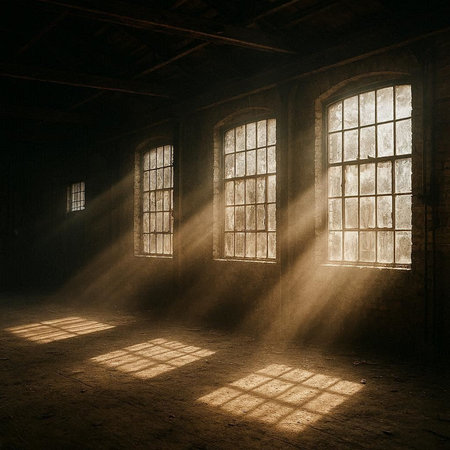 Old abandoned building with windows and rays of light coming out of them