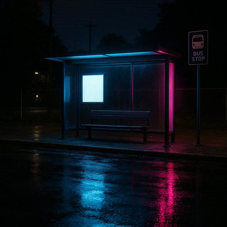 Empty bus stop at night with blue and red neon lights. 3d renderingの写真素材