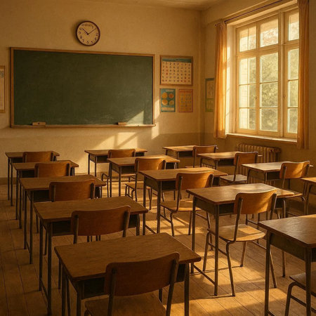 Classroom in an old school with wooden chairs and a blackboardの写真素材