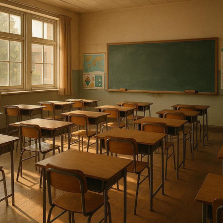 Classroom with desks, chairs and chalkboard. 3d renderの写真素材