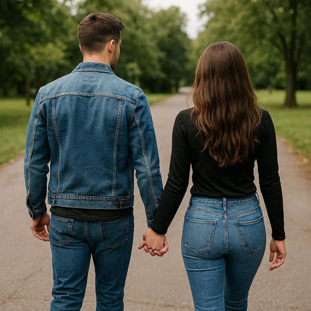 back view of young couple holding hands and walking on path in park