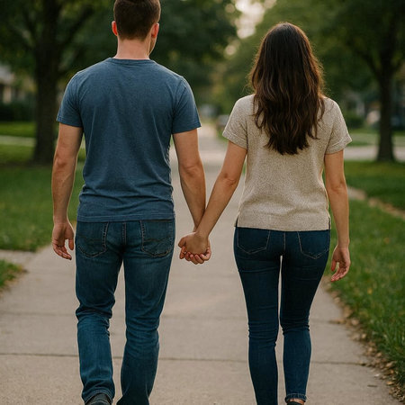 Back view of young couple holding hands and walking together in the parkの写真素材