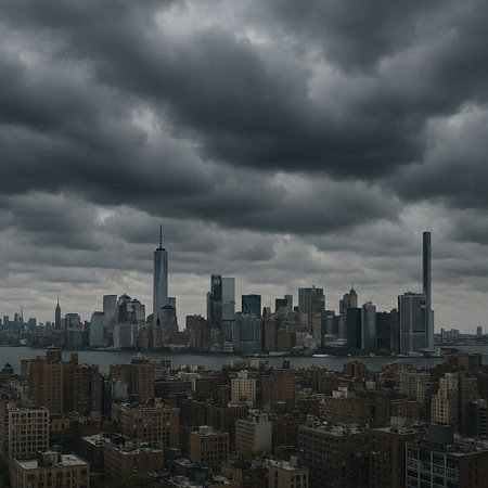 New York City skyline with skyscrapers and stormy sky.の写真素材