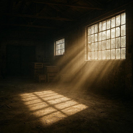 Abandoned barn interior with sun rays coming through the window.
