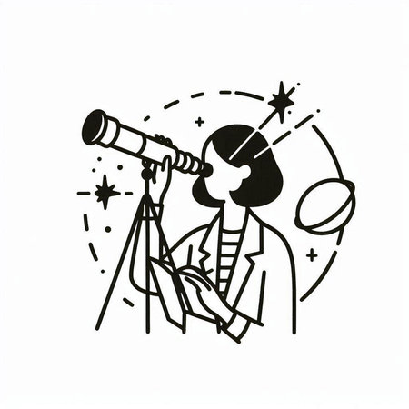 Woman looking through telescope - black and white hand drawn vector illustration.