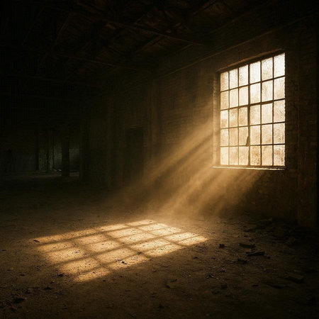 Sun rays through the window in an old abandoned building. 3d rendering