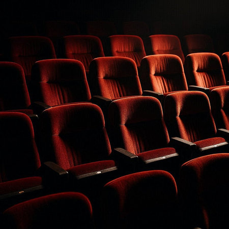 Movie or theater auditorium with rows of red velvet seats. Cinema backgroundの写真素材