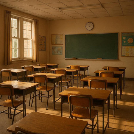 Classroom of an elementary school with desks, chairs and chalkboard