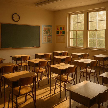 Classroom with desks and chairs in the early morning light. Vintage style.の写真素材