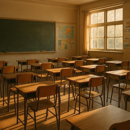 Classroom with tables and chairs in an old school, vintage toneの写真素材