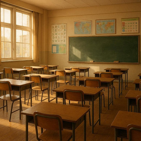 Classroom in a school with tables and chairs in an old school