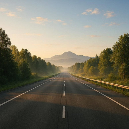 Road in the forest at sunrise. Summer landscape with asphalt road.