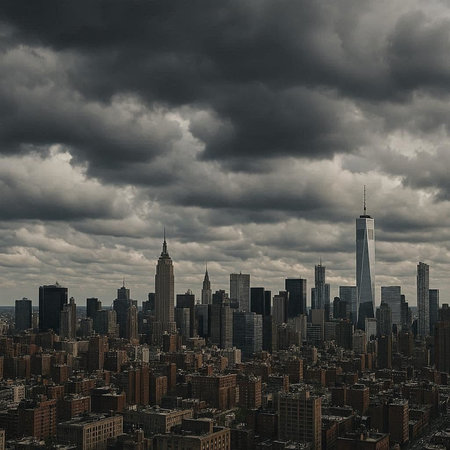 New York City skyline with skyscrapers and dramatic stormy sky