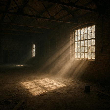 Abandoned industrial interior with windows and rays of light coming through them