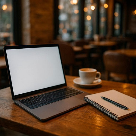 Laptop with blank screen and coffee cup on wooden table in cafe