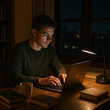 Young man working on laptop in dark room at night. Man sitting at table with books and cup of...