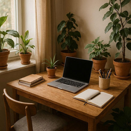 Laptop on a wooden table in a cozy room with green plants.
