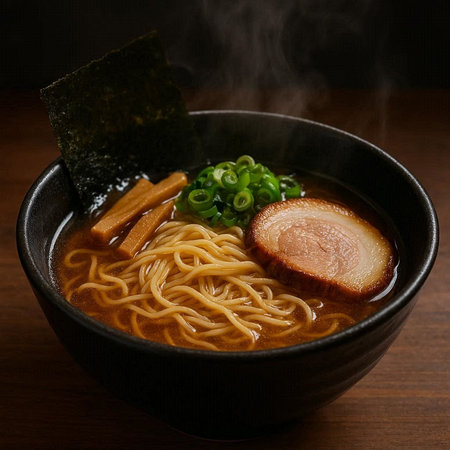 Japanese ramen noodle soup in black bowl on wooden background.の写真素材