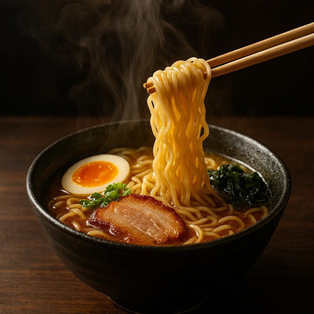 Japanese ramen noodle soup with pork and egg on wooden table