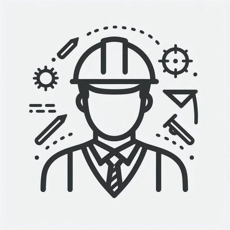 Engineer icon. Vector illustration of a man wearing a hard hat, helmet and tools.