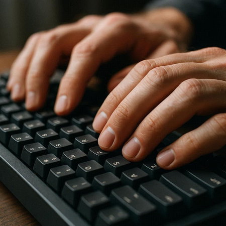 Close up of male hands typing on computer keyboard. Hands typing on keyboard.の写真素材