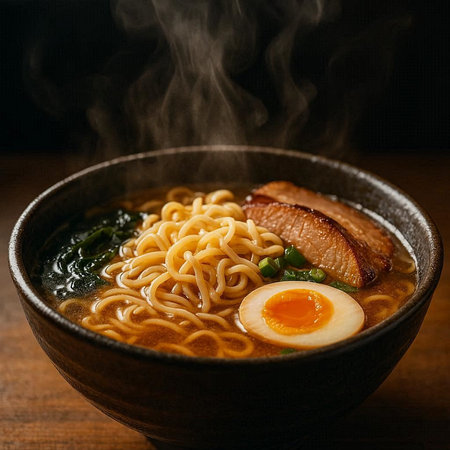 Japanese ramen noodle soup with pork and egg on wooden table