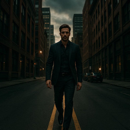 Handsome young man in a business suit walking on a city street.