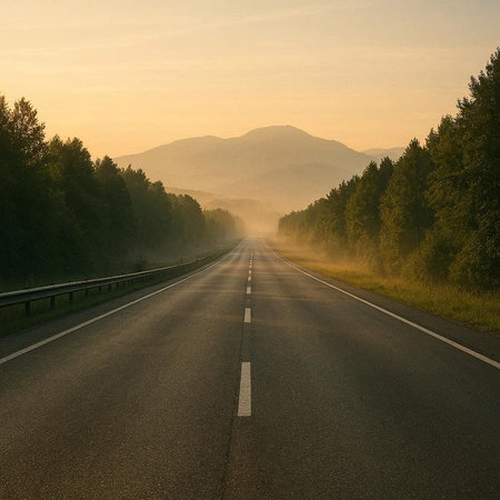 Road in the mountains at sunset. Carpathians, Ukraine.の写真素材