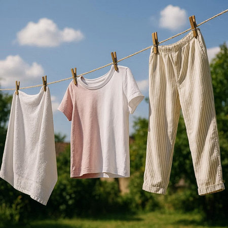 Baby clothes drying on a clothesline against a blue sky background.