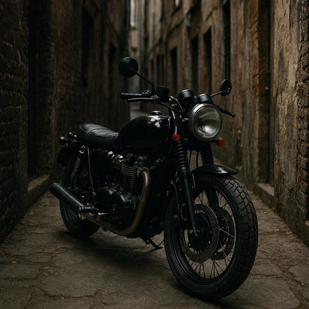 Vintage motorcycle parked in the old city street. Retro style photo.