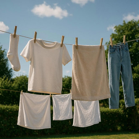 Washing clothes on a clothesline against the background of the summer landscape.