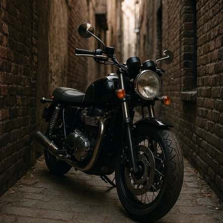 Vintage custom motorcycle parked in the old town of Bologna, Italyの写真素材