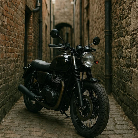 Retro motorcycle parked in a narrow street in the old town of Riga, Latvia.