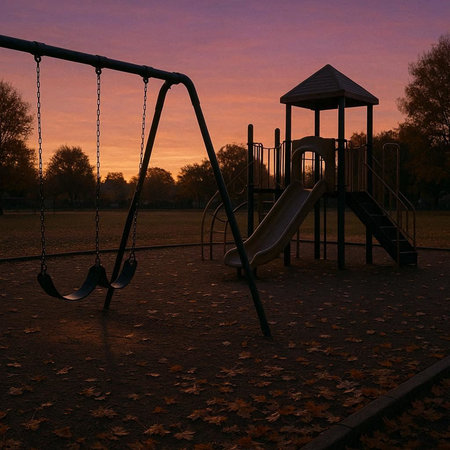 Children's playground in the park at sunset. Children's playground with swings.の写真素材