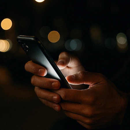 Close up of a man's hand using a mobile smart phone at night