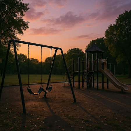 Children's playground in the park at sunset. 3d render.